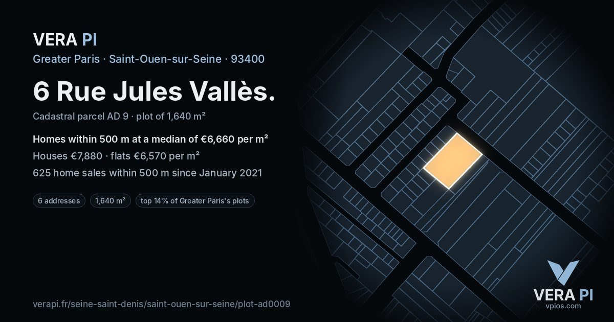 6 Rue Jules Vallès, Saint-Ouen-sur-Seine at night – the plot lit, the parcels around coloured by the prices near them