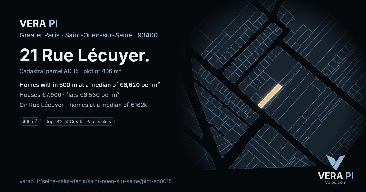 21 Rue Lécuyer, Saint-Ouen-sur-Seine at night – the plot lit, the parcels around coloured by the prices near them