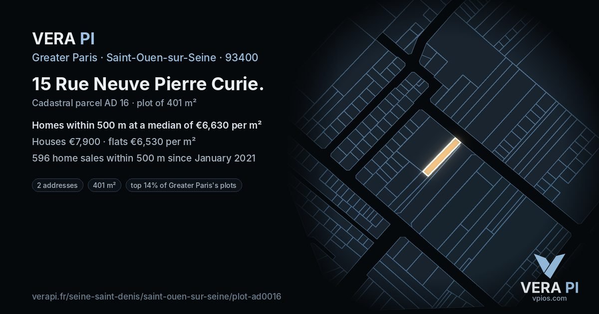 15 Rue Neuve Pierre Curie, Saint-Ouen-sur-Seine at night – the plot lit, the parcels around coloured by the prices near them