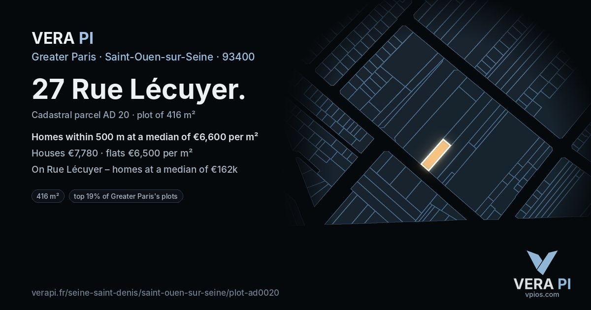 27 Rue Lécuyer, Saint-Ouen-sur-Seine at night – the plot lit, the parcels around coloured by the prices near them