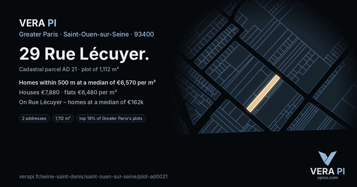 29 Rue Lécuyer, Saint-Ouen-sur-Seine at night – the plot lit, the parcels around coloured by the prices near them