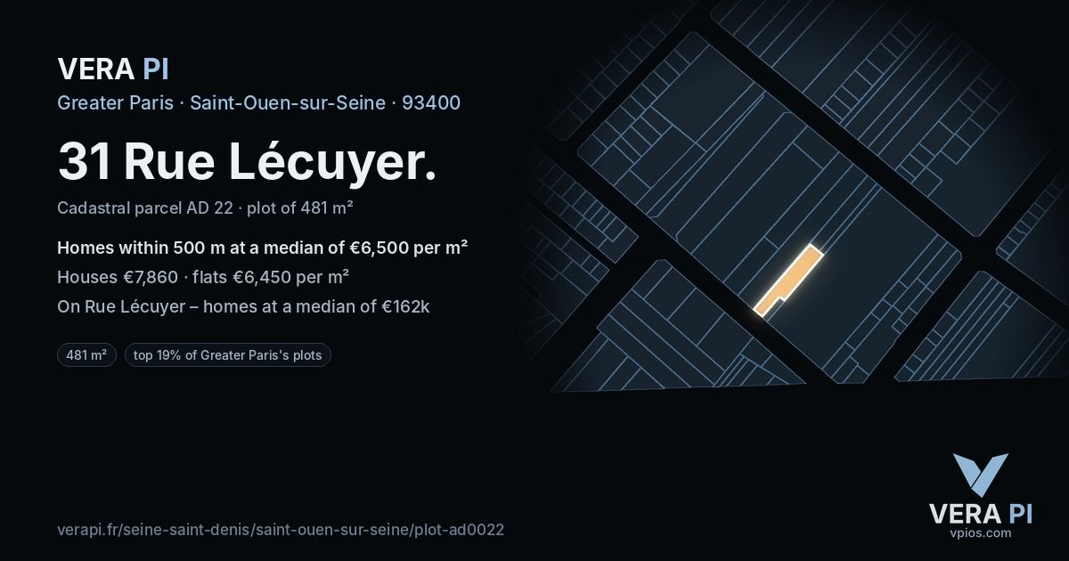 31 Rue Lécuyer, Saint-Ouen-sur-Seine at night – the plot lit, the parcels around coloured by the prices near them