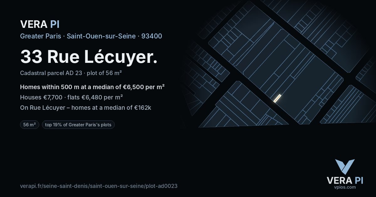 33 Rue Lécuyer, Saint-Ouen-sur-Seine at night – the plot lit, the parcels around coloured by the prices near them