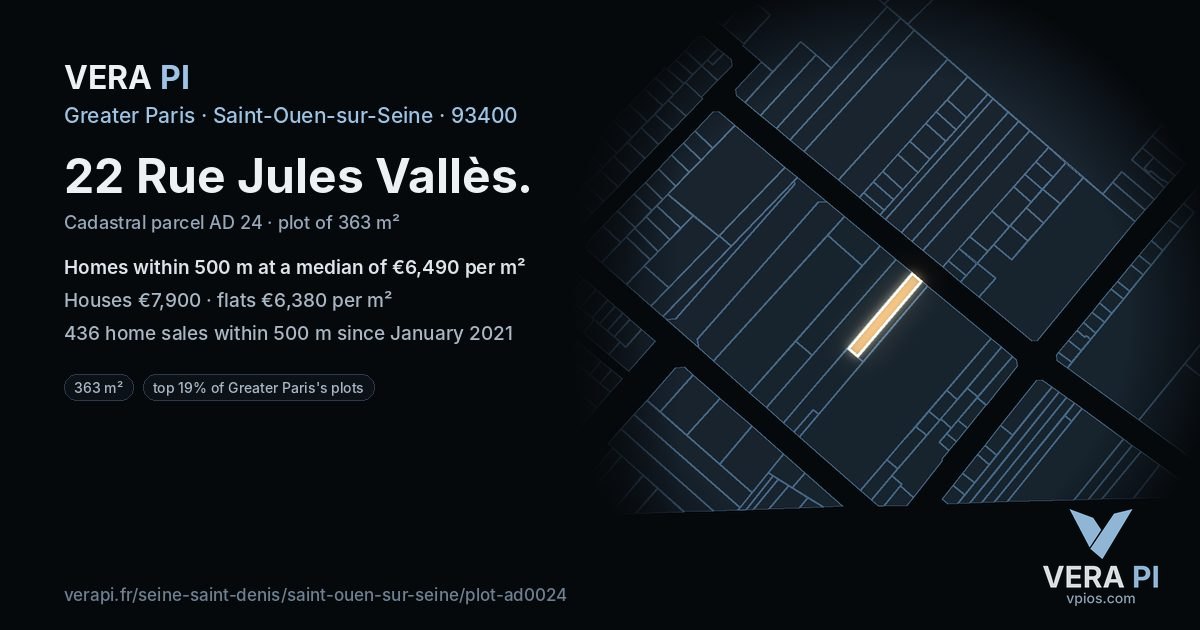 22 Rue Jules Vallès, Saint-Ouen-sur-Seine at night – the plot lit, the parcels around coloured by the prices near them