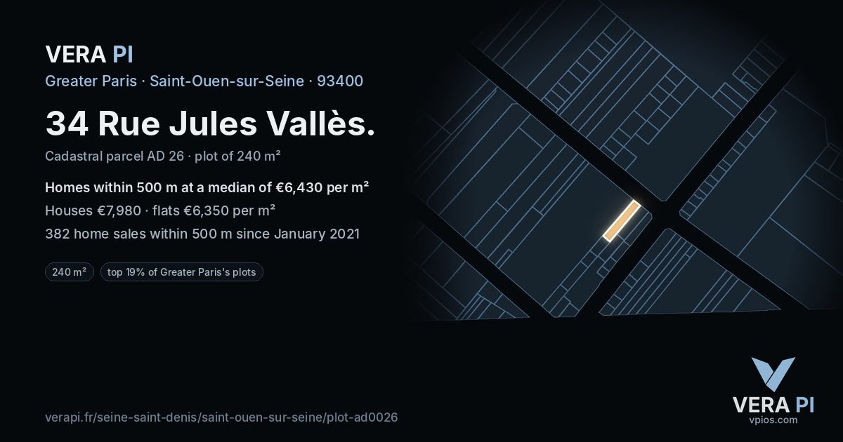 34 Rue Jules Vallès, Saint-Ouen-sur-Seine at night – the plot lit, the parcels around coloured by the prices near them