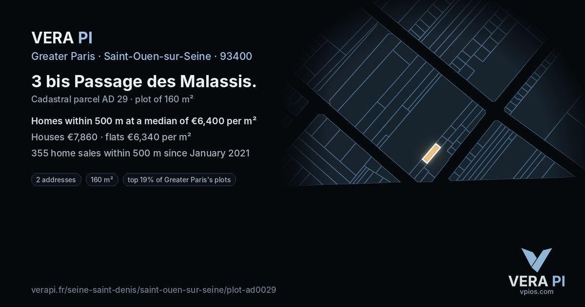 3 bis Passage des Malassis, Saint-Ouen-sur-Seine at night – the plot lit, the parcels around coloured by the prices near them
