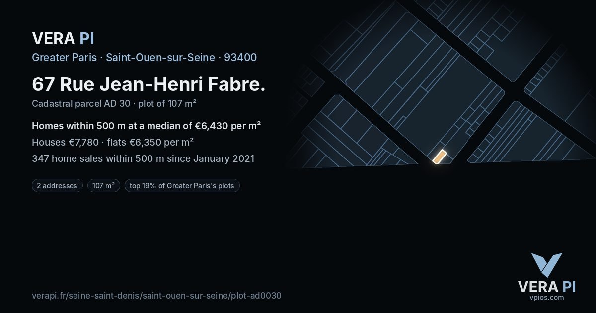 67 Rue Jean-Henri Fabre, Saint-Ouen-sur-Seine at night – the plot lit, the parcels around coloured by the prices near them