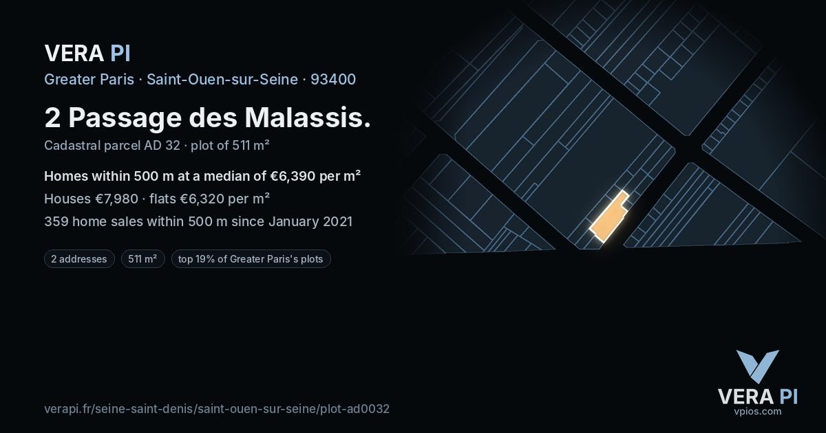 2 Passage des Malassis, Saint-Ouen-sur-Seine at night – the plot lit, the parcels around coloured by the prices near them