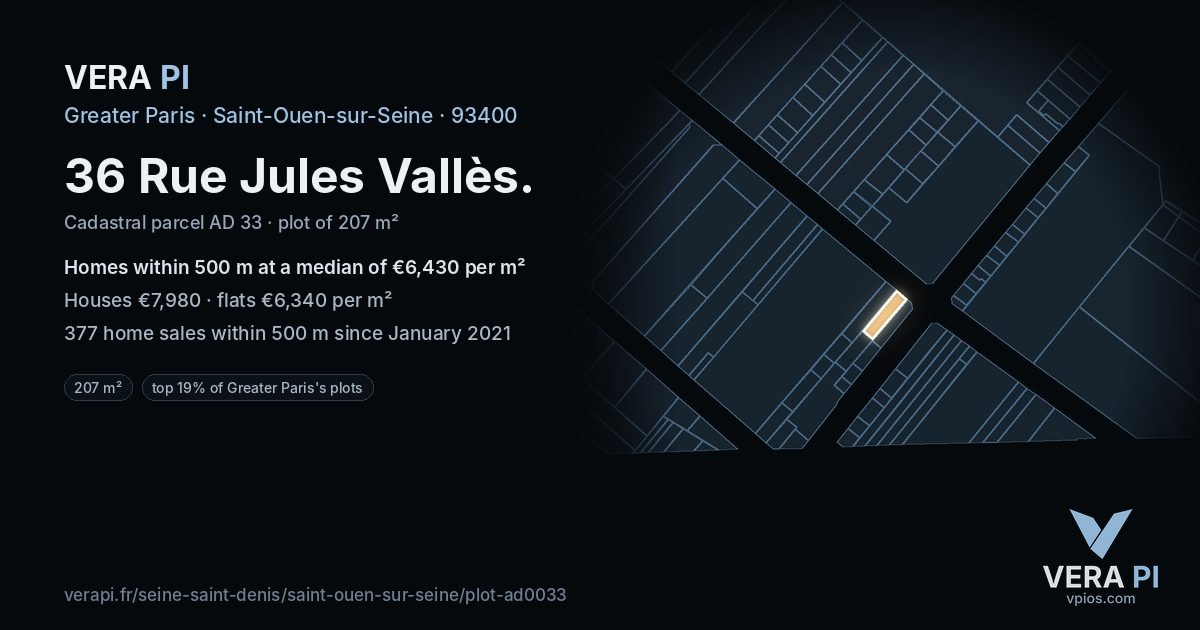 36 Rue Jules Vallès, Saint-Ouen-sur-Seine at night – the plot lit, the parcels around coloured by the prices near them