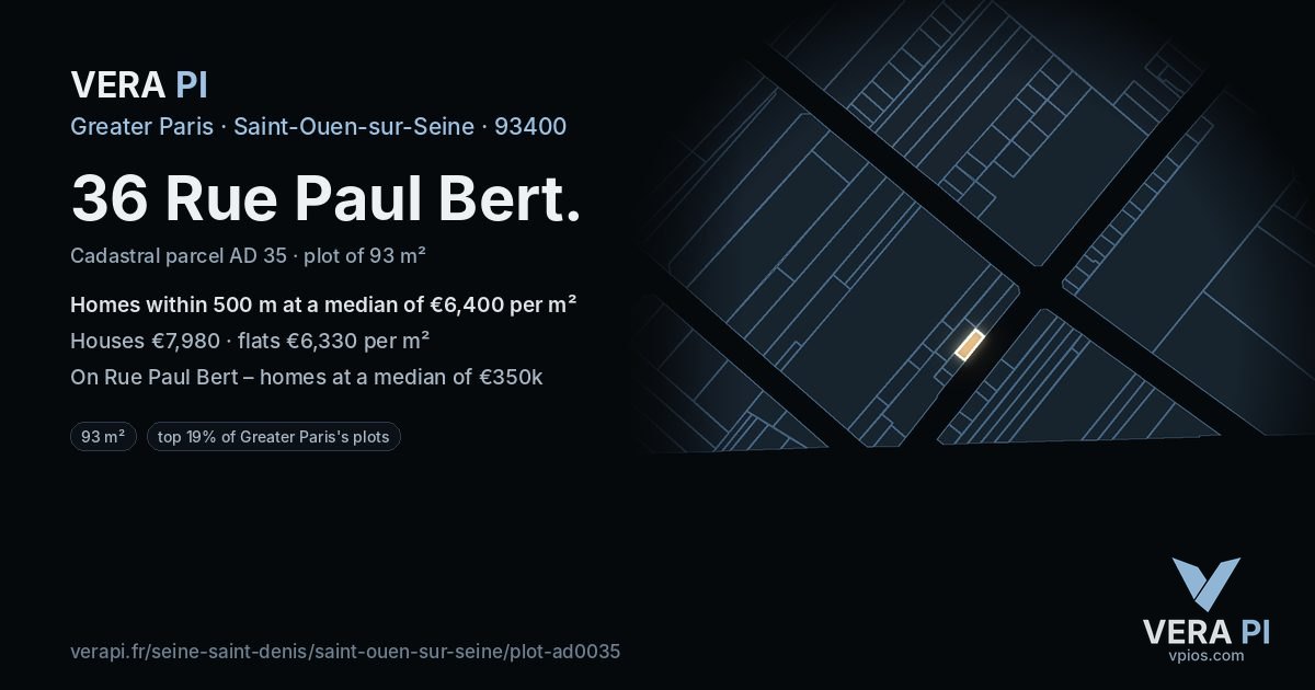 36 Rue Paul Bert, Saint-Ouen-sur-Seine at night – the plot lit, the parcels around coloured by the prices near them