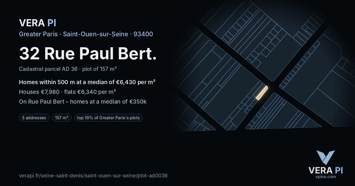 32 Rue Paul Bert, Saint-Ouen-sur-Seine at night – the plot lit, the parcels around coloured by the prices near them