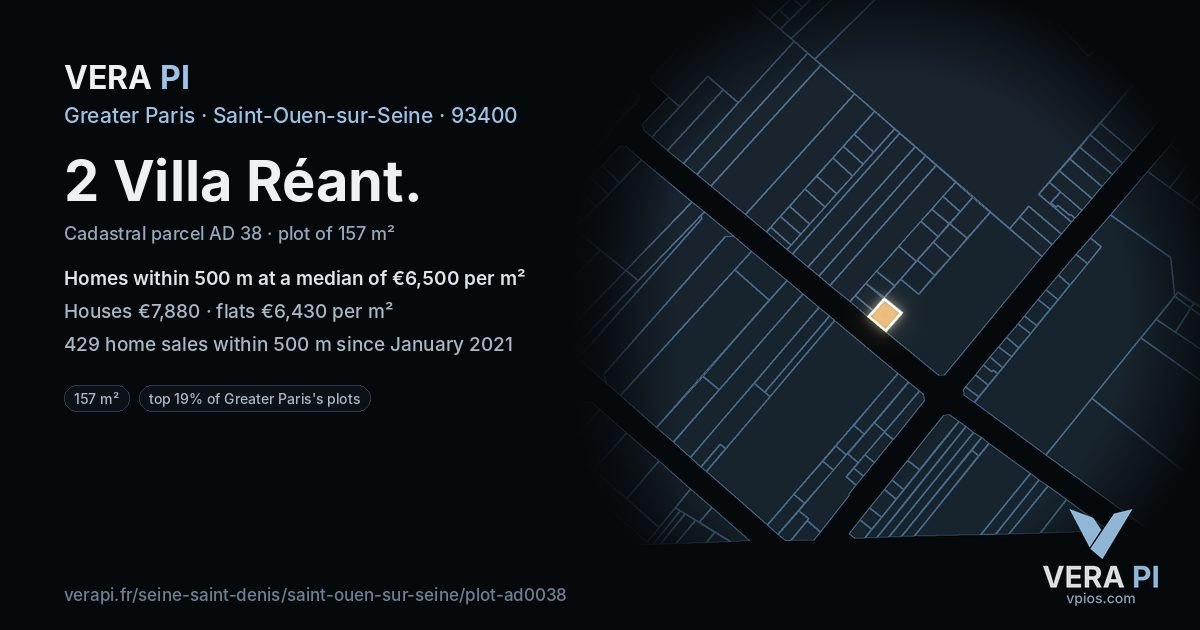 2 Villa Réant, Saint-Ouen-sur-Seine at night – the plot lit, the parcels around coloured by the prices near them