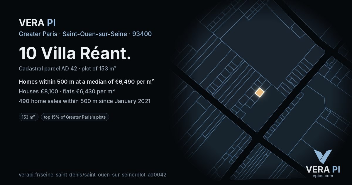 10 Villa Réant, Saint-Ouen-sur-Seine at night – the plot lit, the parcels around coloured by the prices near them