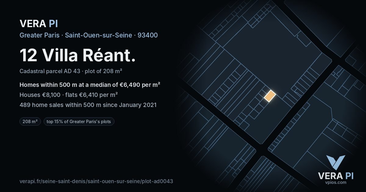 12 Villa Réant, Saint-Ouen-sur-Seine at night – the plot lit, the parcels around coloured by the prices near them