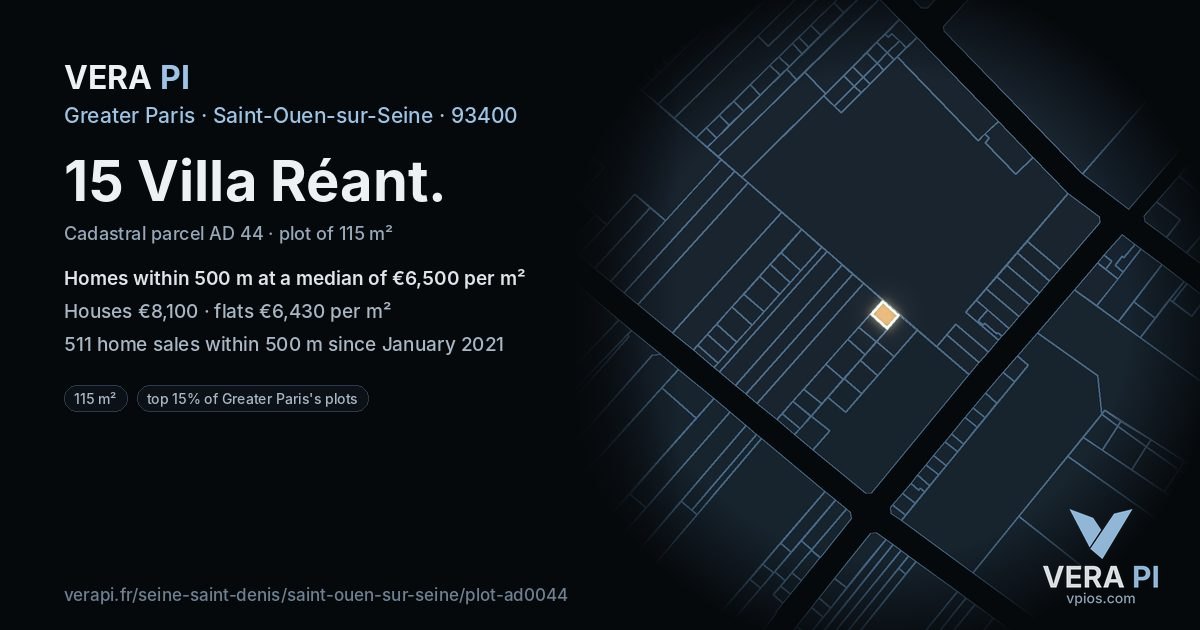 15 Villa Réant, Saint-Ouen-sur-Seine at night – the plot lit, the parcels around coloured by the prices near them