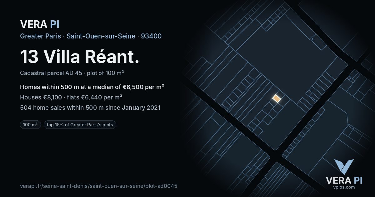 13 Villa Réant, Saint-Ouen-sur-Seine at night – the plot lit, the parcels around coloured by the prices near them