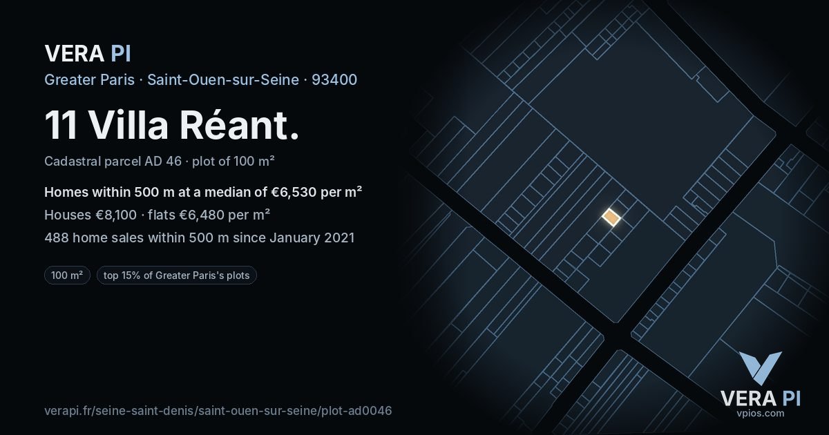 11 Villa Réant, Saint-Ouen-sur-Seine at night – the plot lit, the parcels around coloured by the prices near them