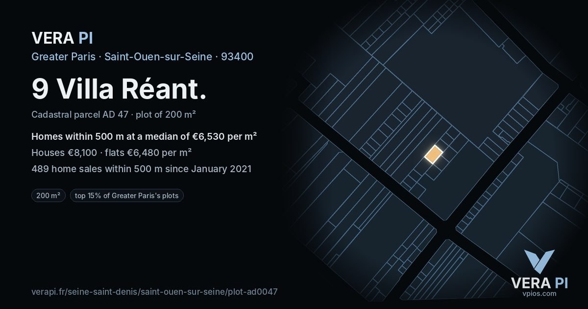 9 Villa Réant, Saint-Ouen-sur-Seine at night – the plot lit, the parcels around coloured by the prices near them