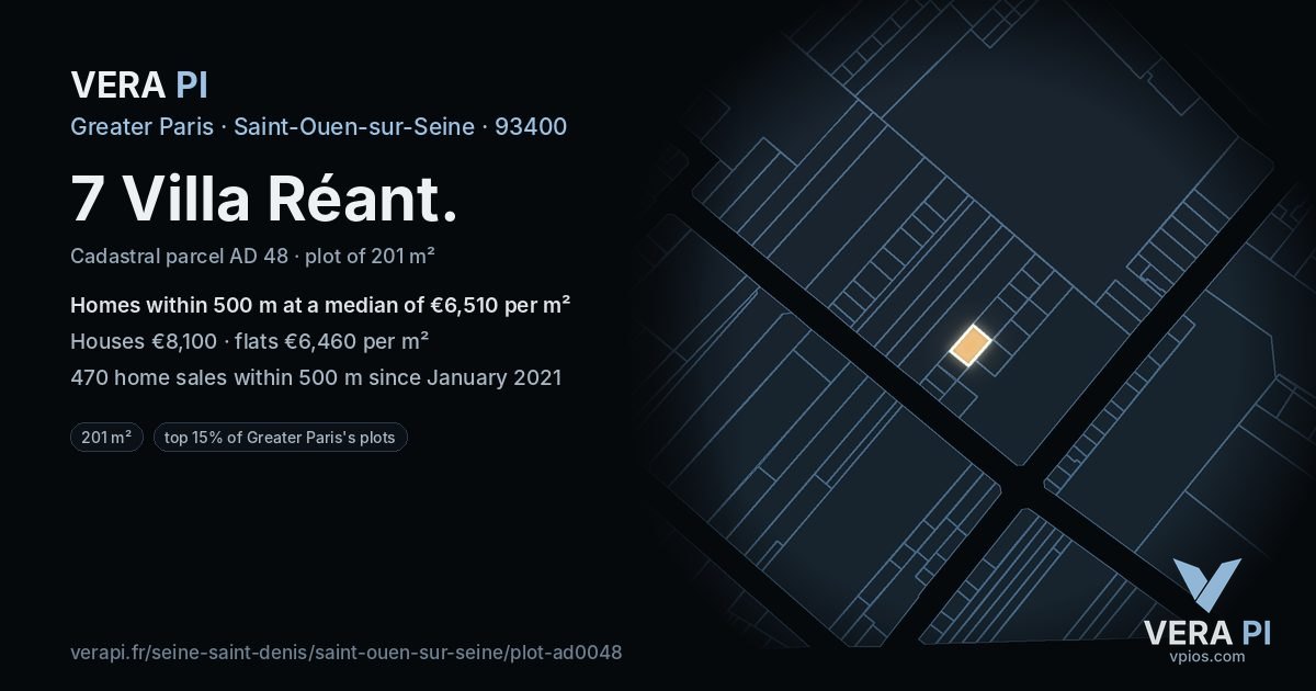 7 Villa Réant, Saint-Ouen-sur-Seine at night – the plot lit, the parcels around coloured by the prices near them