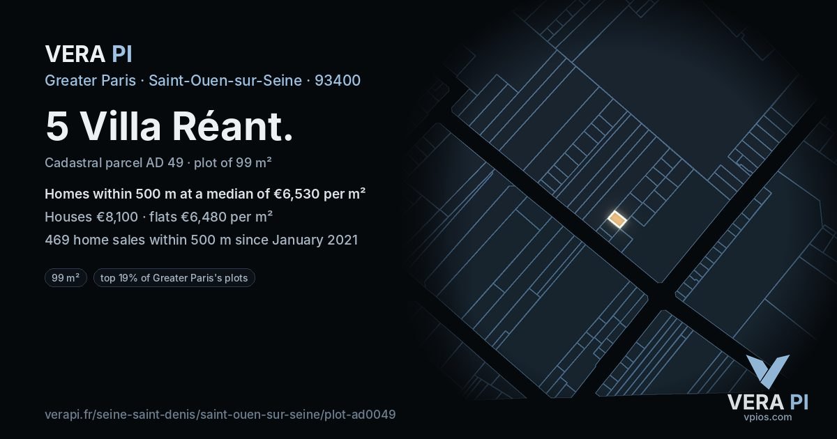 5 Villa Réant, Saint-Ouen-sur-Seine at night – the plot lit, the parcels around coloured by the prices near them