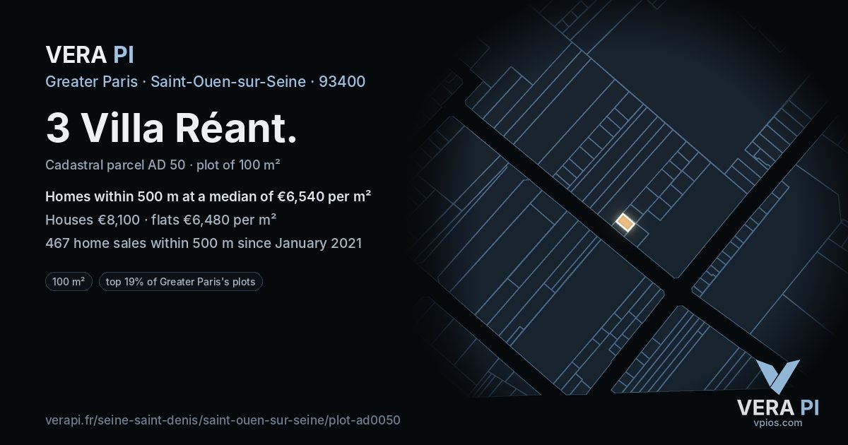 3 Villa Réant, Saint-Ouen-sur-Seine at night – the plot lit, the parcels around coloured by the prices near them