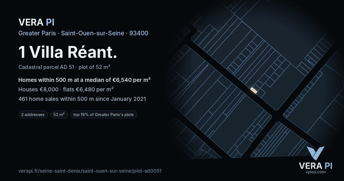 1 Villa Réant, Saint-Ouen-sur-Seine at night – the plot lit, the parcels around coloured by the prices near them