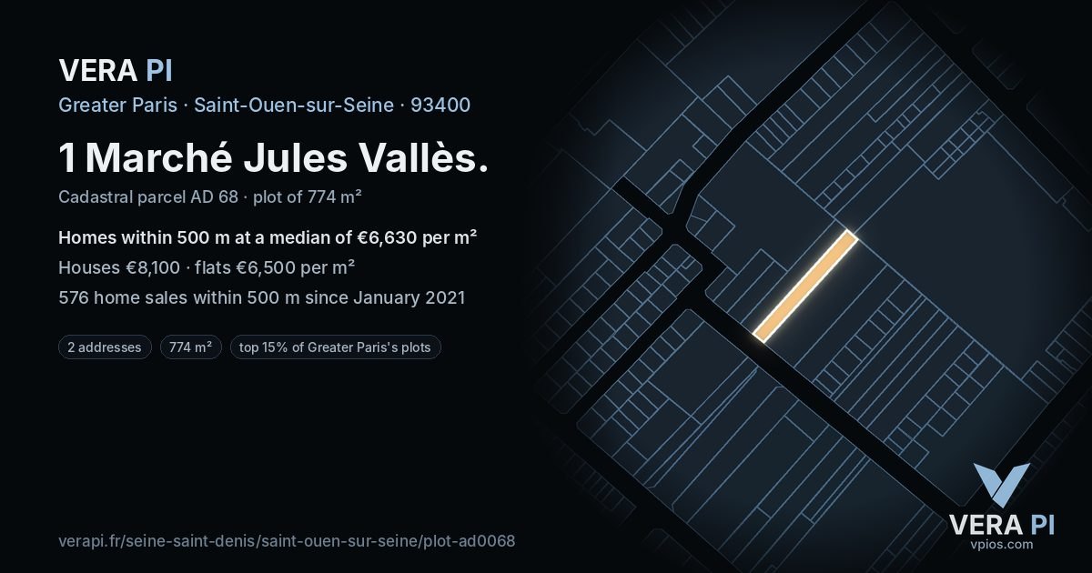 1 Marché Jules Vallès, Saint-Ouen-sur-Seine at night – the plot lit, the parcels around coloured by the prices near them