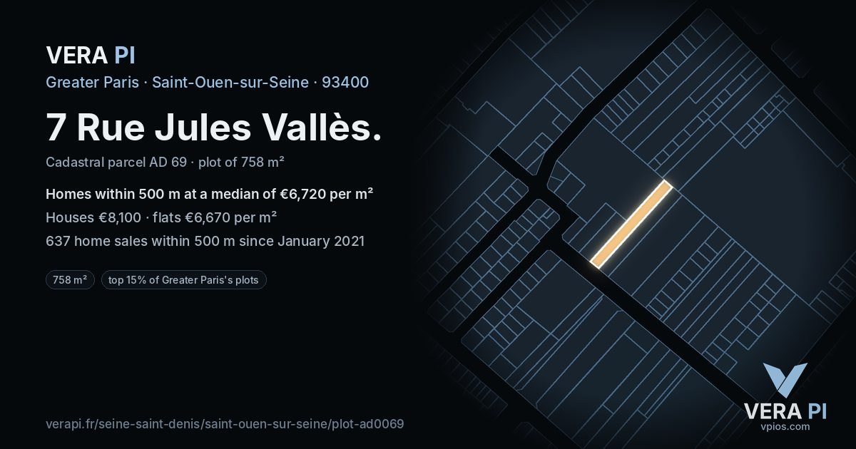 7 Rue Jules Vallès, Saint-Ouen-sur-Seine at night – the plot lit, the parcels around coloured by the prices near them