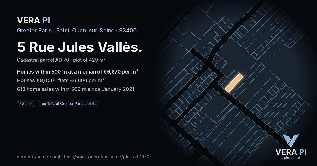 5 Rue Jules Vallès, Saint-Ouen-sur-Seine at night – the plot lit, the parcels around coloured by the prices near them