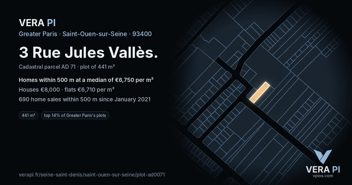 3 Rue Jules Vallès, Saint-Ouen-sur-Seine at night – the plot lit, the parcels around coloured by the prices near them