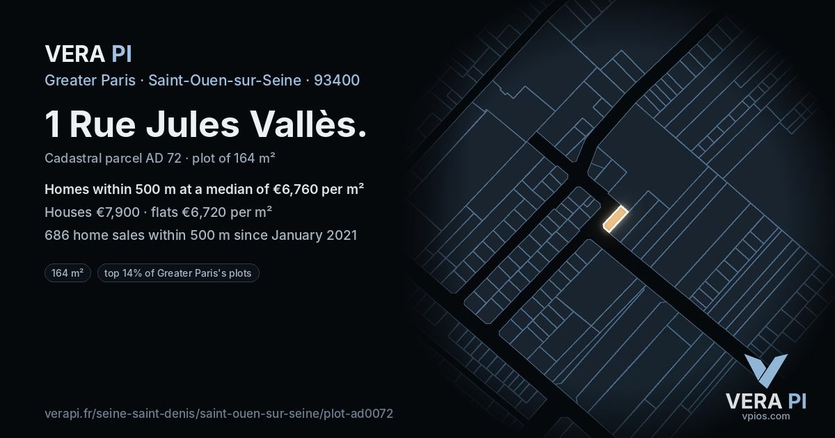 1 Rue Jules Vallès, Saint-Ouen-sur-Seine at night – the plot lit, the parcels around coloured by the prices near them