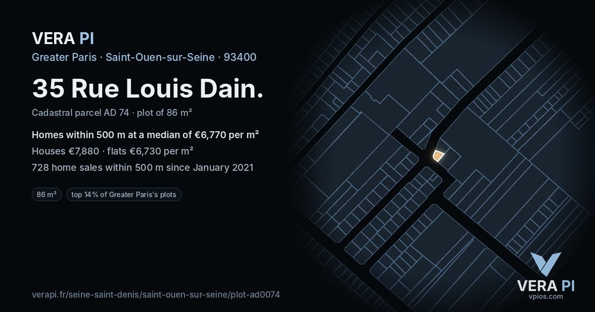 35 Rue Louis Dain, Saint-Ouen-sur-Seine at night – the plot lit, the parcels around coloured by the prices near them