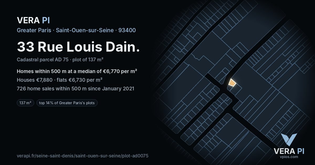 33 Rue Louis Dain, Saint-Ouen-sur-Seine at night – the plot lit, the parcels around coloured by the prices near them