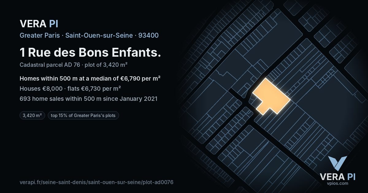 1 Rue des Bons Enfants, Saint-Ouen-sur-Seine at night – the plot lit, the parcels around coloured by the prices near them