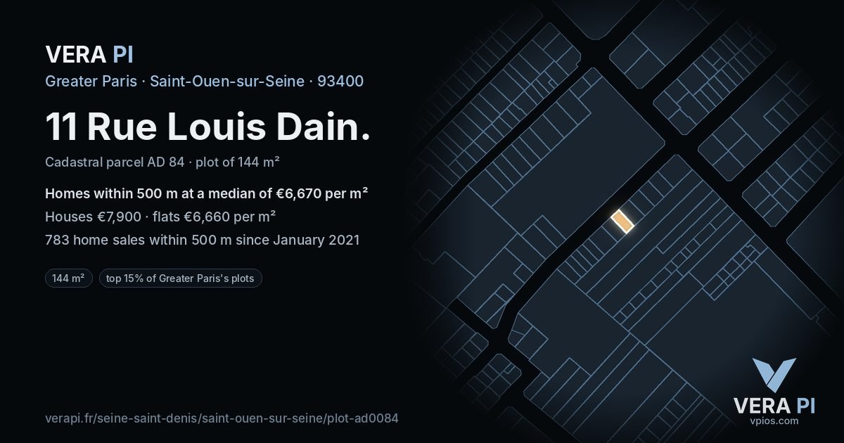 11 Rue Louis Dain, Saint-Ouen-sur-Seine at night – the plot lit, the parcels around coloured by the prices near them