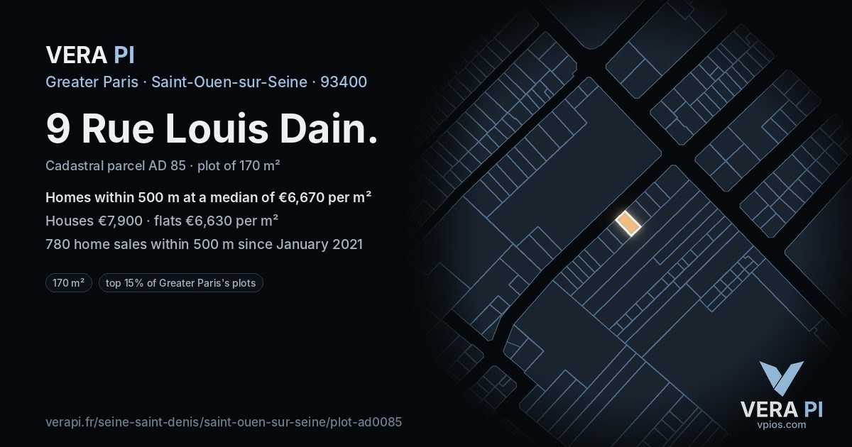 9 Rue Louis Dain, Saint-Ouen-sur-Seine at night – the plot lit, the parcels around coloured by the prices near them