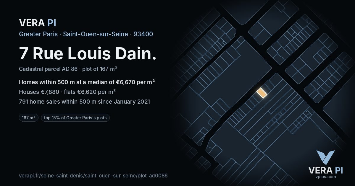 7 Rue Louis Dain, Saint-Ouen-sur-Seine at night – the plot lit, the parcels around coloured by the prices near them