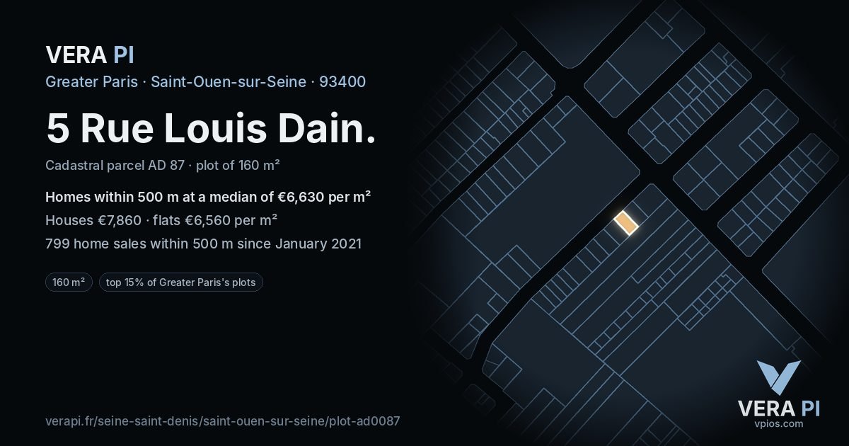 5 Rue Louis Dain, Saint-Ouen-sur-Seine at night – the plot lit, the parcels around coloured by the prices near them
