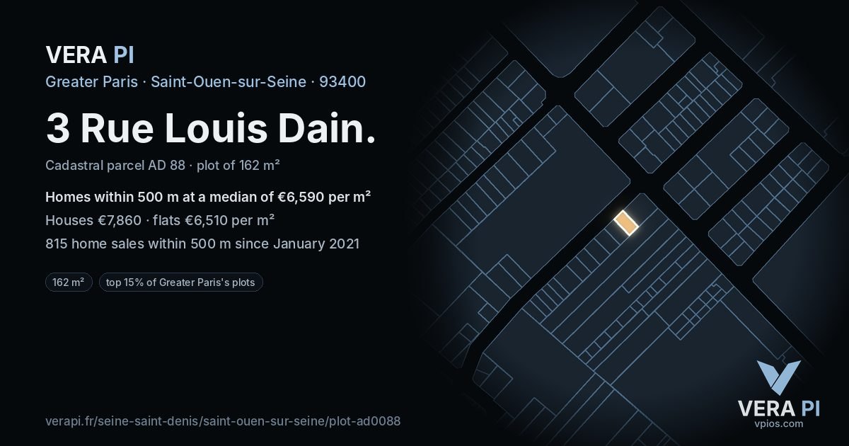 3 Rue Louis Dain, Saint-Ouen-sur-Seine at night – the plot lit, the parcels around coloured by the prices near them