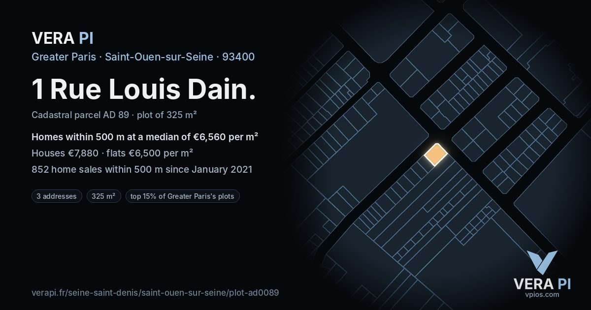 1 Rue Louis Dain, Saint-Ouen-sur-Seine at night – the plot lit, the parcels around coloured by the prices near them