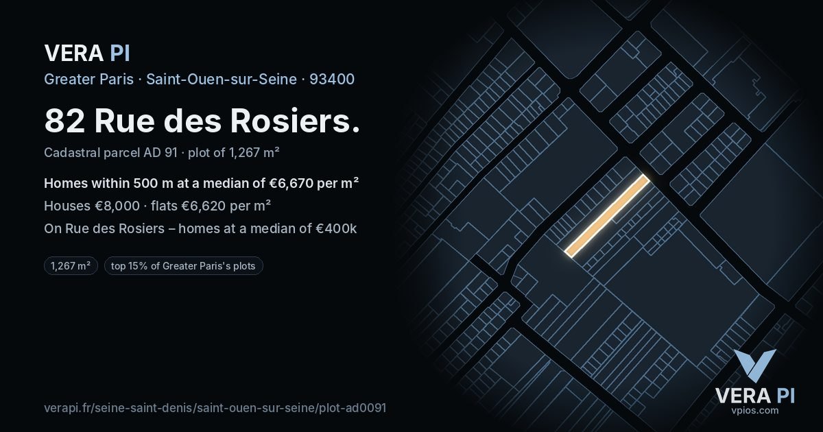 82 Rue des Rosiers, Saint-Ouen-sur-Seine at night – the plot lit, the parcels around coloured by the prices near them