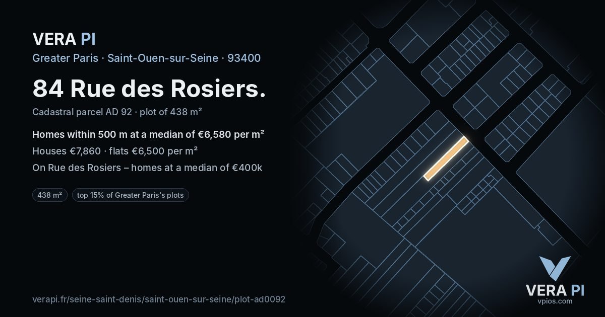 84 Rue des Rosiers, Saint-Ouen-sur-Seine at night – the plot lit, the parcels around coloured by the prices near them