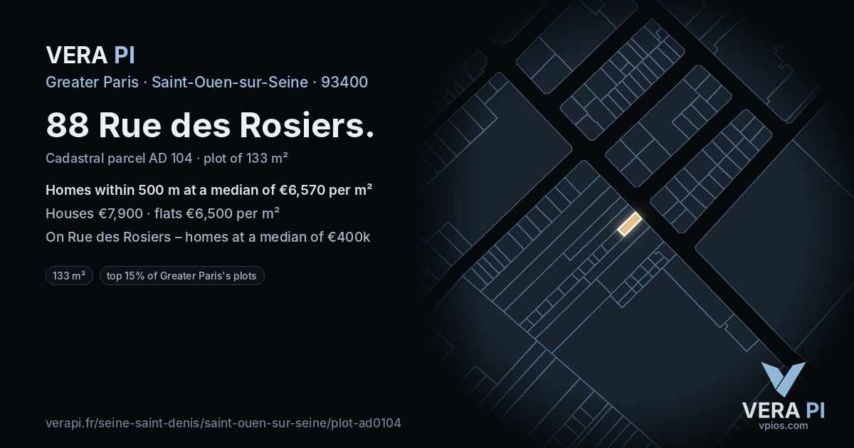 88 Rue des Rosiers, Saint-Ouen-sur-Seine at night – the plot lit, the parcels around coloured by the prices near them