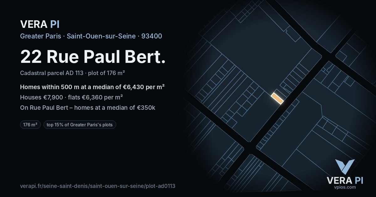 22 Rue Paul Bert, Saint-Ouen-sur-Seine at night – the plot lit, the parcels around coloured by the prices near them