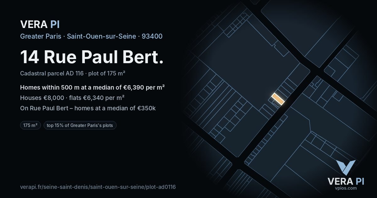 14 Rue Paul Bert, Saint-Ouen-sur-Seine at night – the plot lit, the parcels around coloured by the prices near them