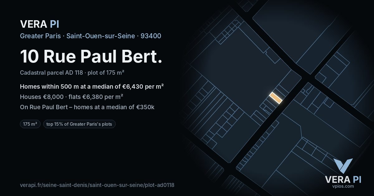 10 Rue Paul Bert, Saint-Ouen-sur-Seine at night – the plot lit, the parcels around coloured by the prices near them