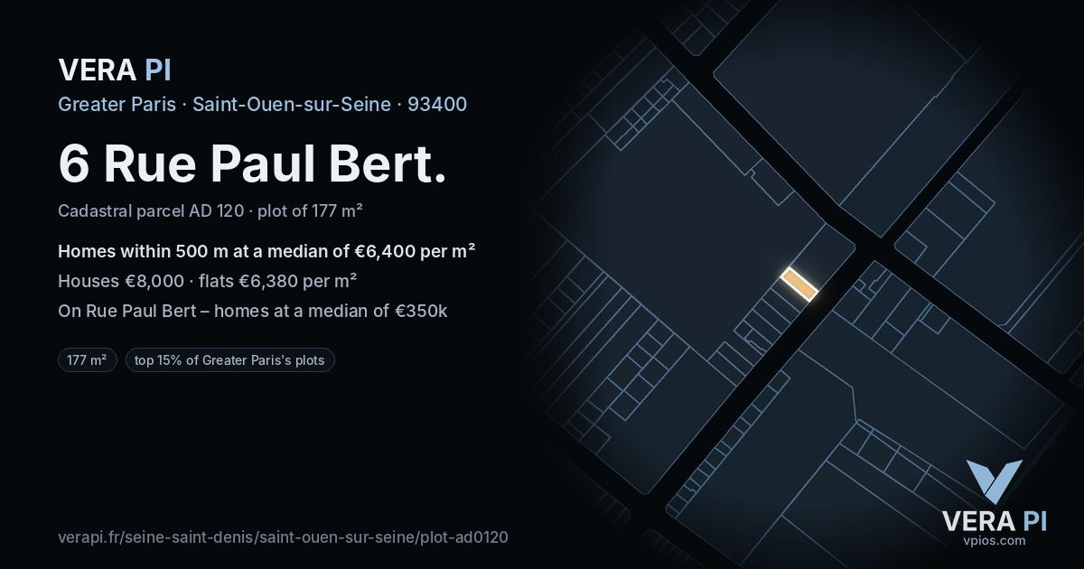 6 Rue Paul Bert, Saint-Ouen-sur-Seine at night – the plot lit, the parcels around coloured by the prices near them