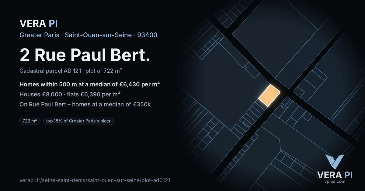 2 Rue Paul Bert, Saint-Ouen-sur-Seine at night – the plot lit, the parcels around coloured by the prices near them