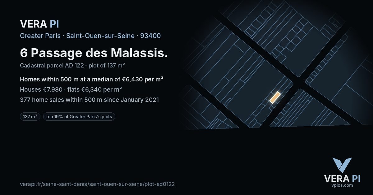 6 Passage des Malassis, Saint-Ouen-sur-Seine at night – the plot lit, the parcels around coloured by the prices near them