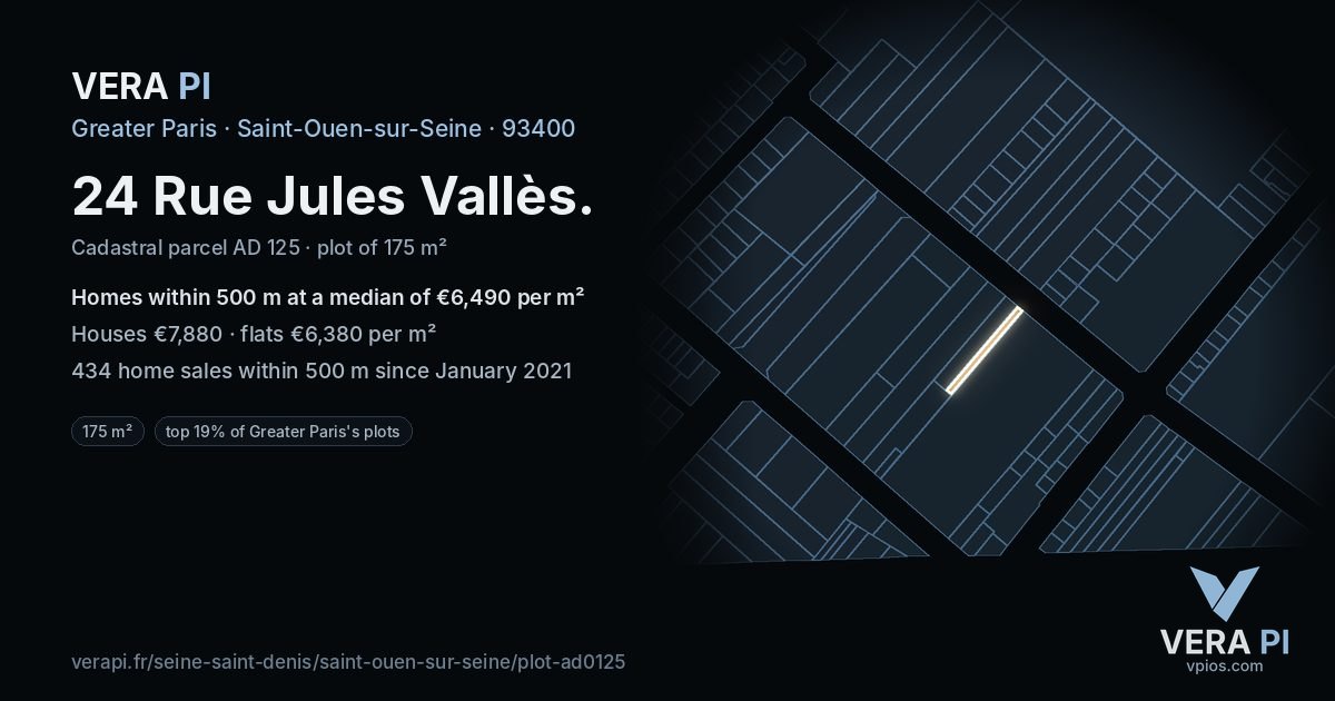 24 Rue Jules Vallès, Saint-Ouen-sur-Seine at night – the plot lit, the parcels around coloured by the prices near them